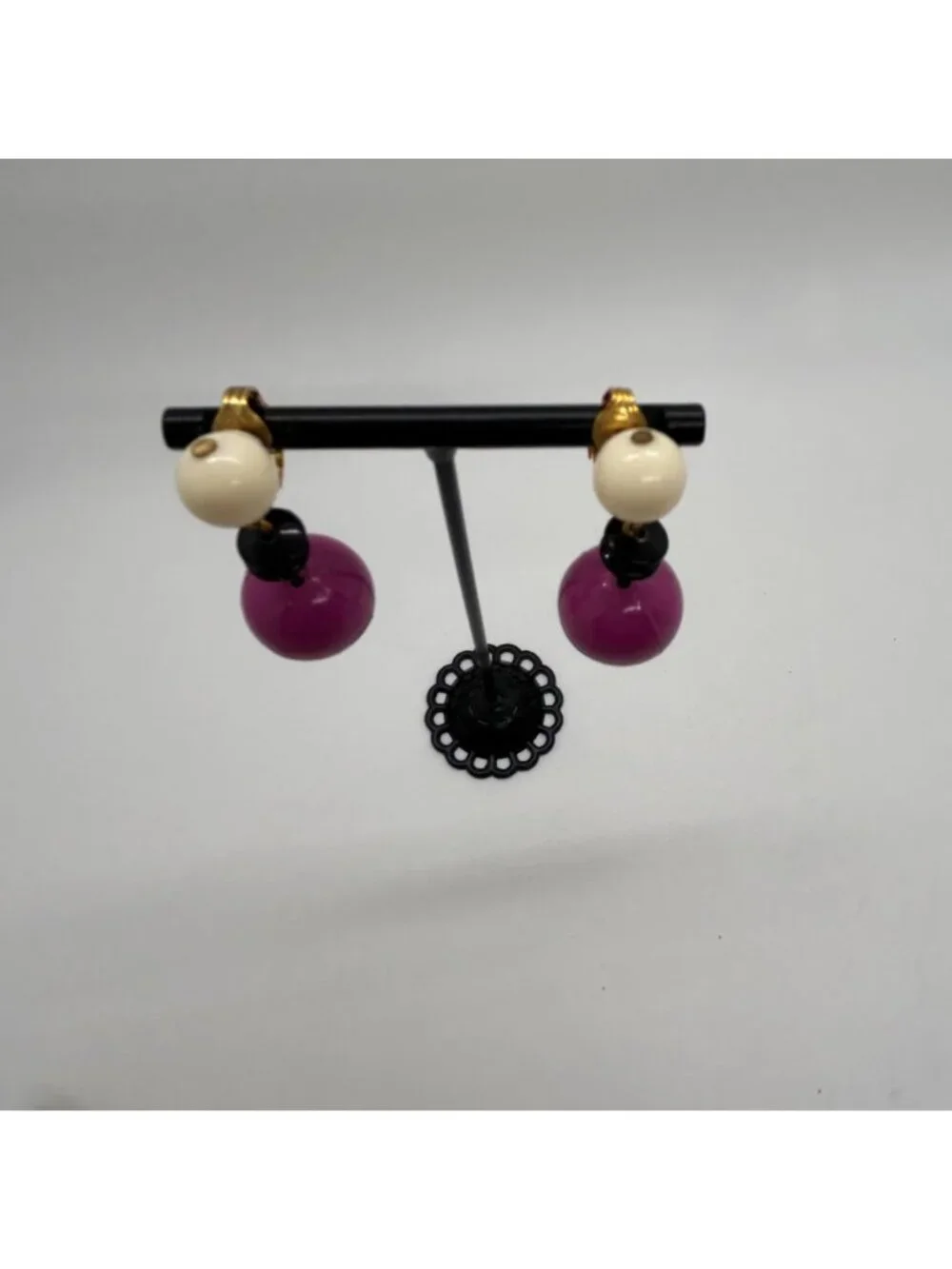 Vintage 1960s Dangle Earrings Clip-On Acrylic Pink White & Black Mod Design